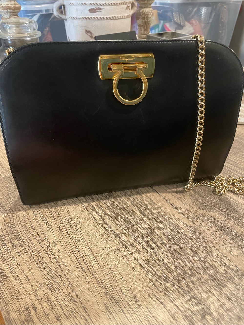 Salvatore Ferragamo Black Leather Crossbody with Gold Chain